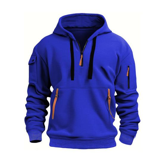 Yousheng Men Hoodie Zipper And Strap Decor Drawstring Hooded Top Fall Spring Winter Patchwork Pullover Hoodie with Elastic Cuffs for Outdoor School