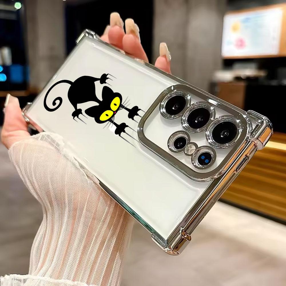 Cartoon Cute Little Black Cat Coque For Galaxy S26 Ultra Phone Case For Samsung S26 S25 S24 S23 S21 Ultra S20 FE S25 Plus Cover