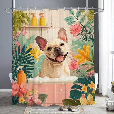 Bathroom Dog Shower Curtain, Floral Plants, Bathtub Modern Bathroom Decorative Shower Curtain,Printed Fabric Curtain with Hooks