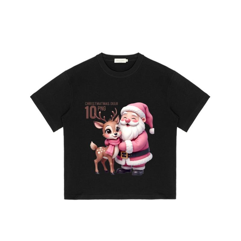 Christmas T Shirt Black Santa Claus and Deer Cartoon Print for Holiday Season