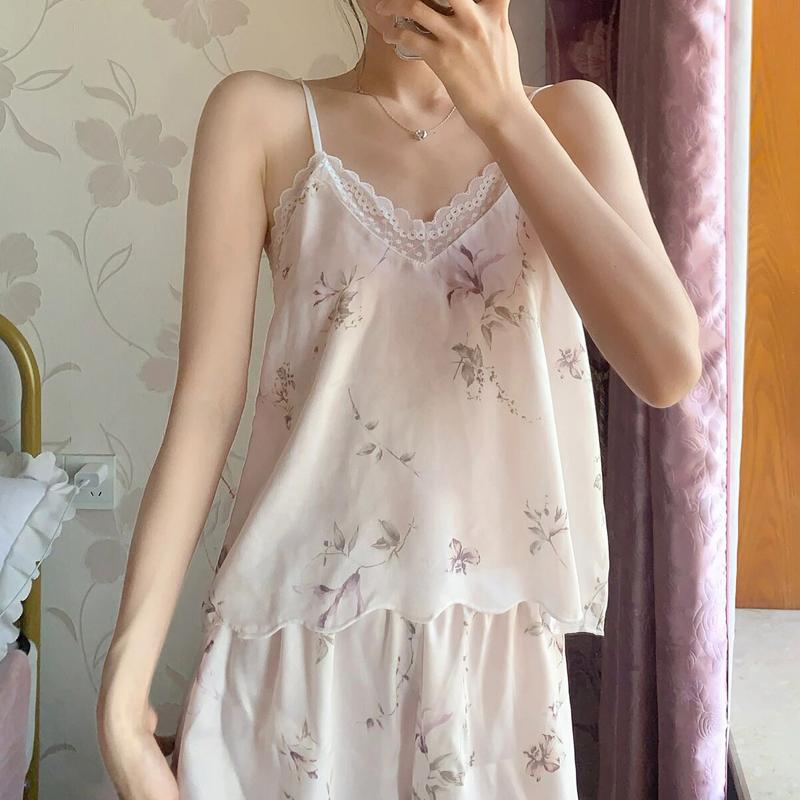 Sommer Rosa Blumen bedruckter Pyjama Set für Damen Homewear Sexy Spitze Spleißung Sling Tops und Shorts 2-teiliger Anzug Kurze Nachtwäsche