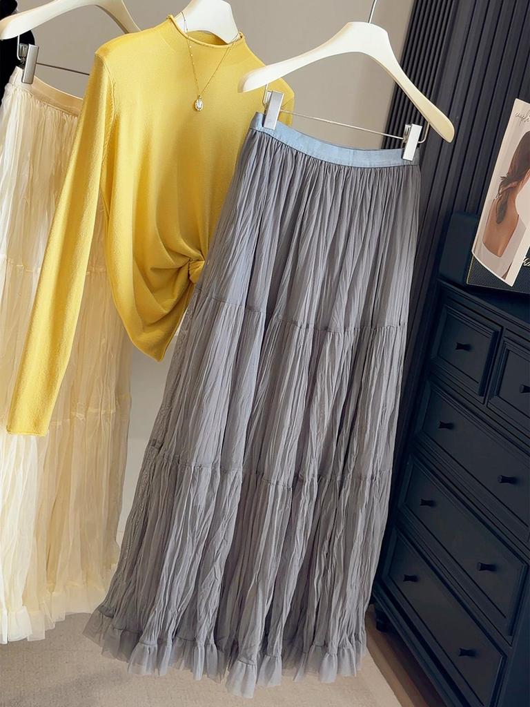 Korean-Style Pleated Elastic Waist Skirt - Women's Spring/Autumn, Slim Fit, Large Hem