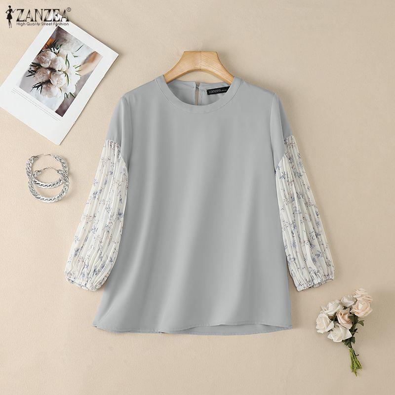 ZANZEA Women Elegant Floral Splice 3/4 Sleeve Loose Casual Crew Neck Blouse