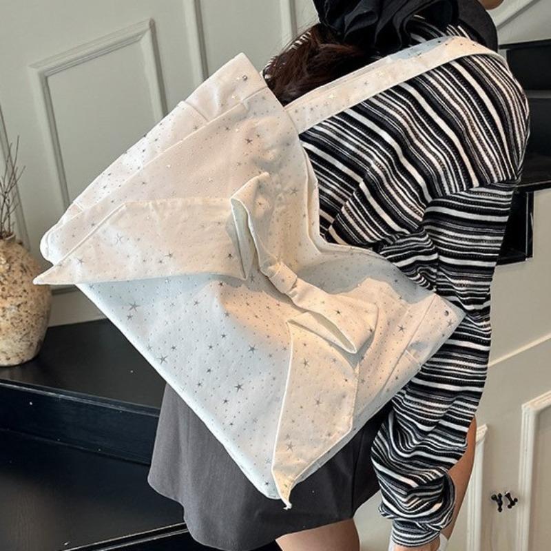 Bow Canvas Bag New Large Capacity Solid Color Shoulder Bag Fashion Commuter Casual Tote Bag Women