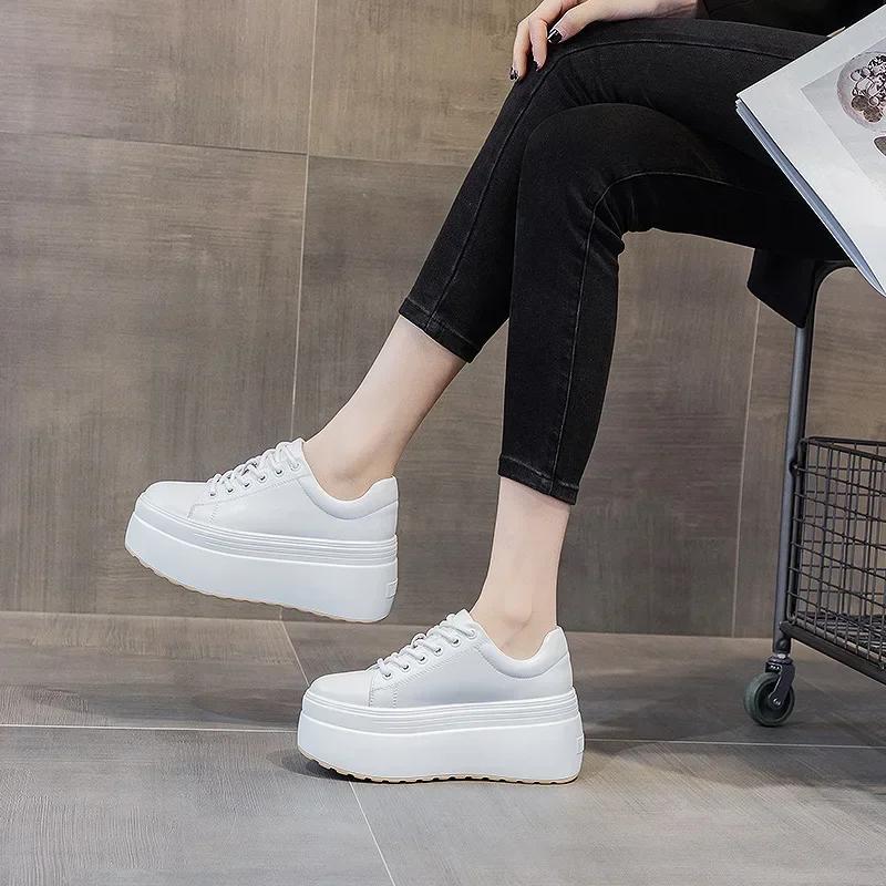 Fashion Leather Women's Casual Shoes Super Thick 8 Cm Fashion Sneakers Thick Spring Apartment Women's Shoes