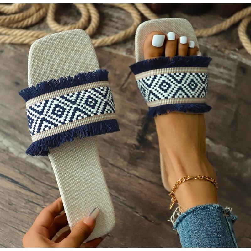 Fashion New Women Summer Straw Woven Casual Slippers Outdoor Espadrille Flip-flops Fashion Flat Ladies Sandals and Slippers Plus Size 43