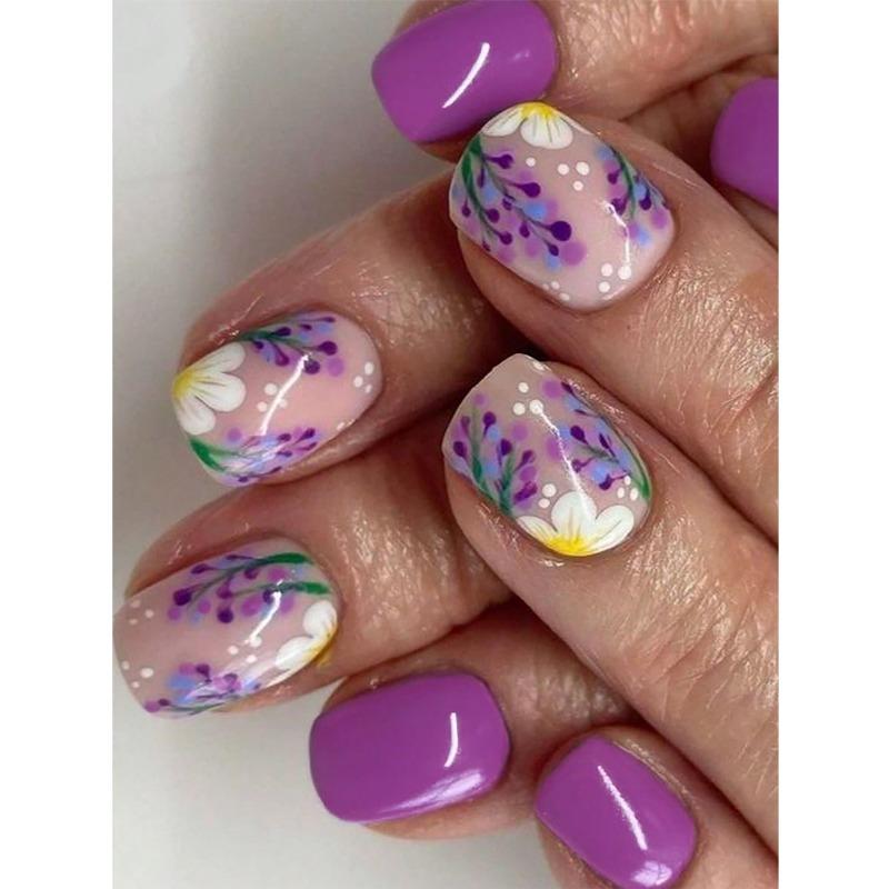 24 st korta fyrkantiga naglar, kreativa lila blommor och växter lösnaglar fina lösnaglar, för tjejer att bära, tryck på naglarna, nageltillbehör