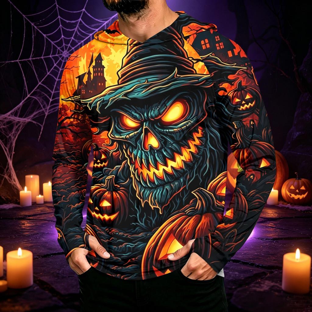 Men's Long Sleeve Hoodie Halloween Print Lightweight Pullover for Casual Wear