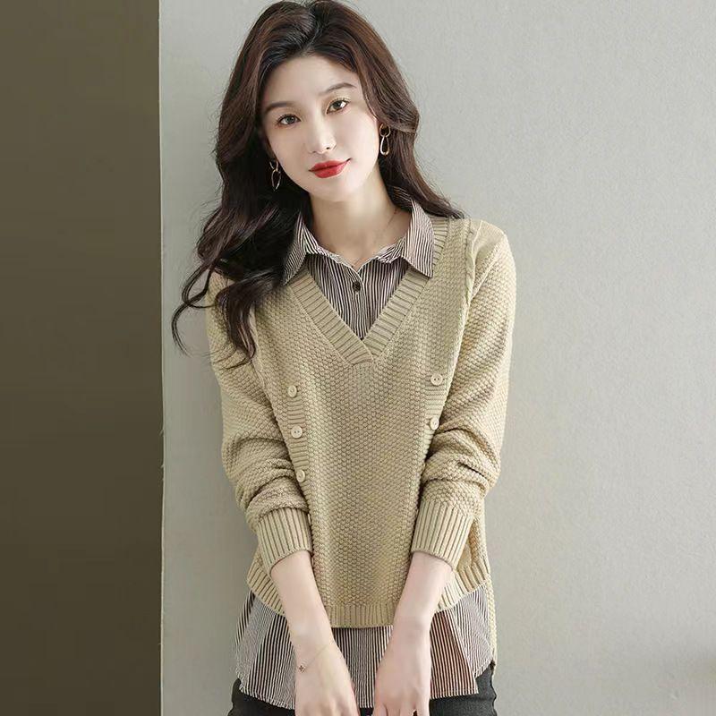 Damen Zweiteiliges Oberteil Strickpullover Spleiß Hemdkragen Frühling Herbst Koreanisch Locker Langarmpullover Damenpullover