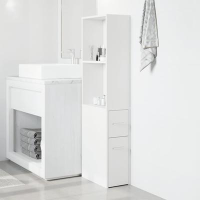 Narrow Bathroom Cabinet with Casters White Particleboard