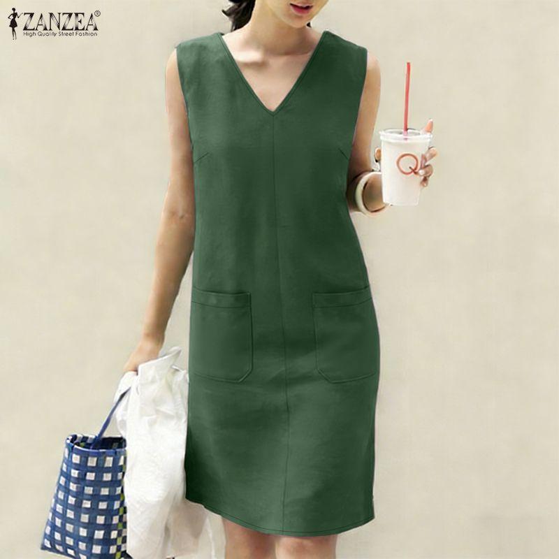 ZANZEA Women Casual V-Neck Summer Sleeveless Dress