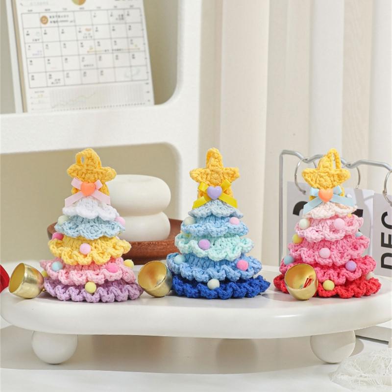 Crocheted Christmas Tree Ornament Soft Hanging Pendant With Bell Portable Holiday Car Decoration
