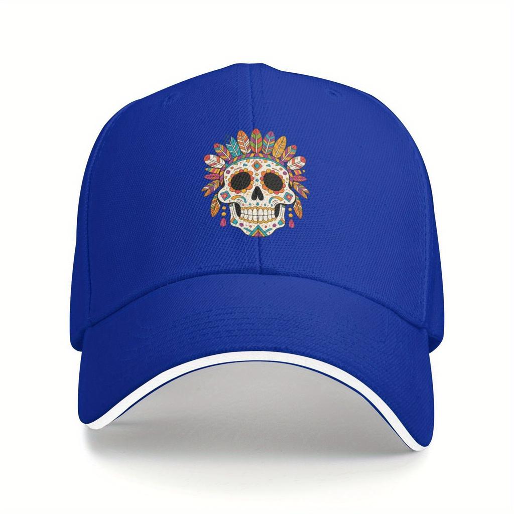 Sugar Skull Feather Headdress Baseball Cap Mexican Dia de los Muertos Print Cotton Adjustable Unisex Casual Hat