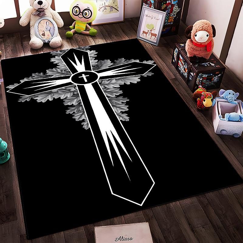 Cross and Leaf Gothic Design Rug Non-slip rug suitable for living room and bedroom sofas.