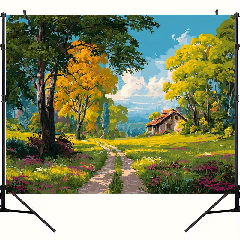 2D Fall Meadow Cottage Backdrop Oil Painting Nature Scenery Photography Background