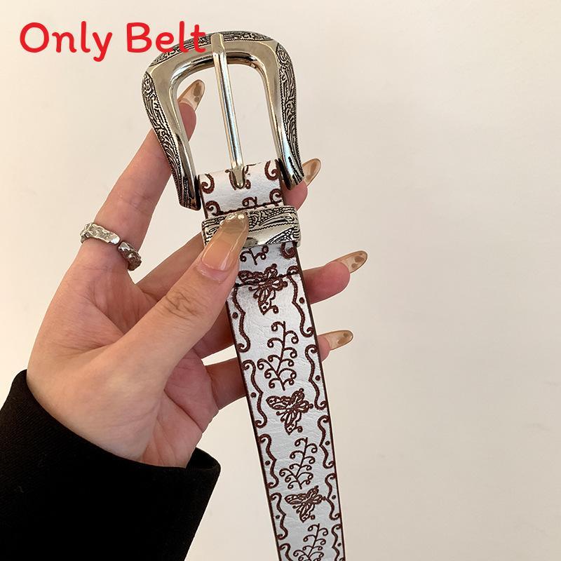 Vintage Butterfly Print Pu Leather Belt For Women With Metal Buckle For Casual Denim Accessories