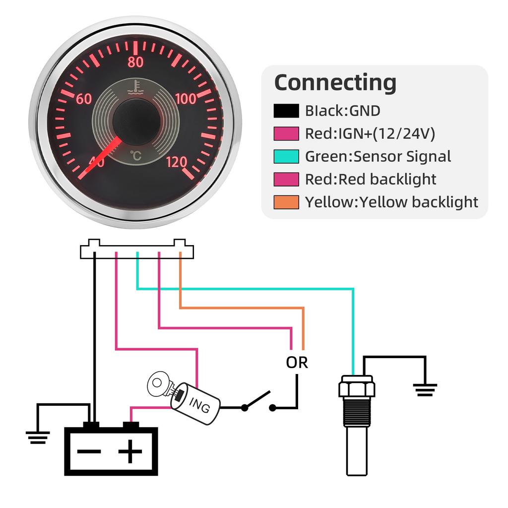 ZMFJH Pointer 52MM Water Temperature Gauge with Sensor 10mm RED Yellow LED 40-120℃ Water Temp Meter for Universal Boat Car Auto