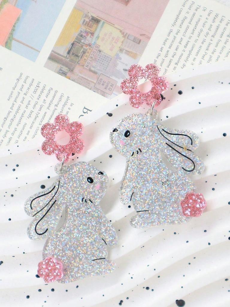 1 Pair Easter Bunny Earrings, Cute Animal Bling Bling Flower Funny Earrings