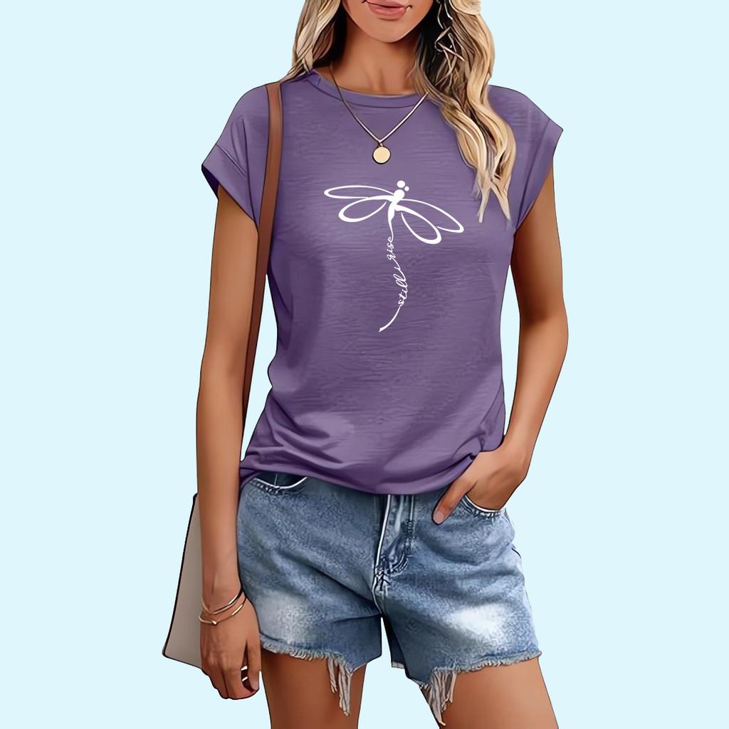 Women Fashion Dragonfly Print T-shirt Sring&summer Casual Ladies Round Collar Tee Shirt