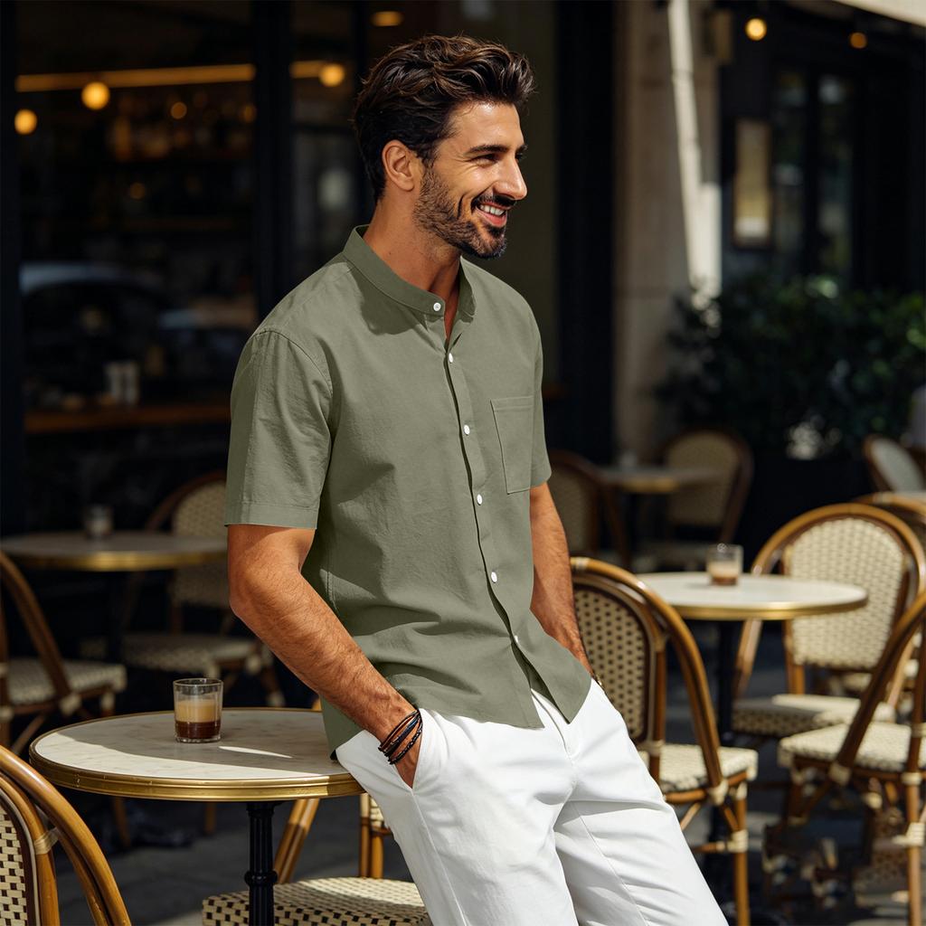 Mens Linen Shirt Short Sleeve Stand Collar Casual Loose Fit Breathable Lightweight Button Down Top with Chest Pocket