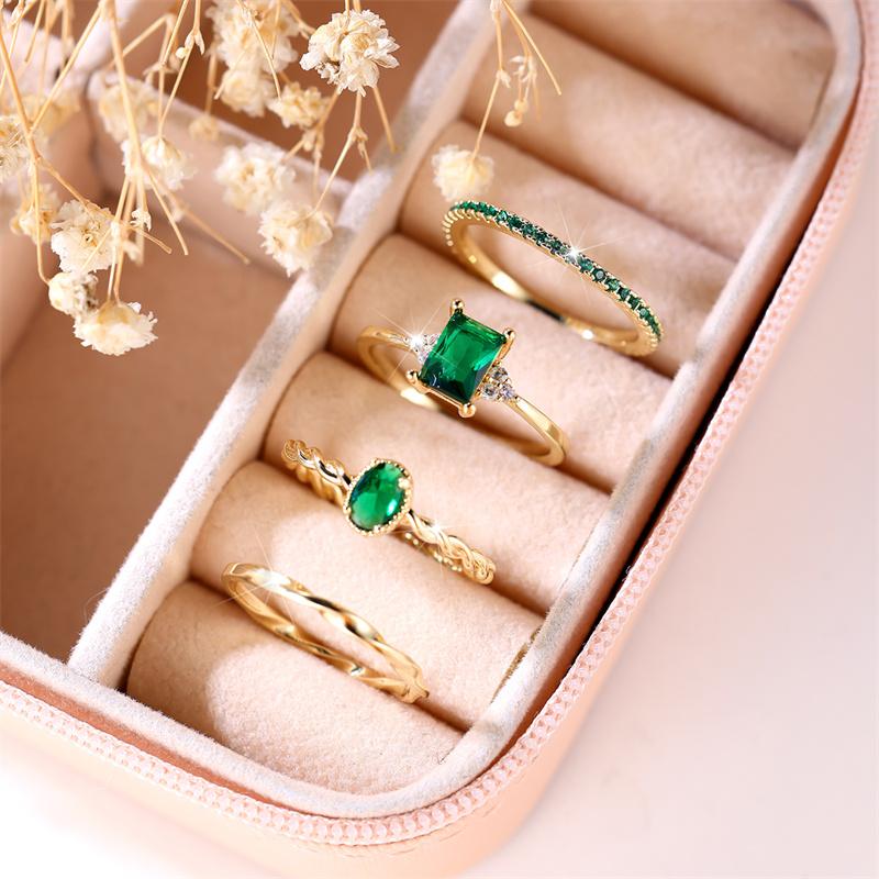 4pcs Female Green Zircon Stone Ring Set Trendy Yellow Gold Color Engagement Cute Bride Wedding Jewelry Gift For Women