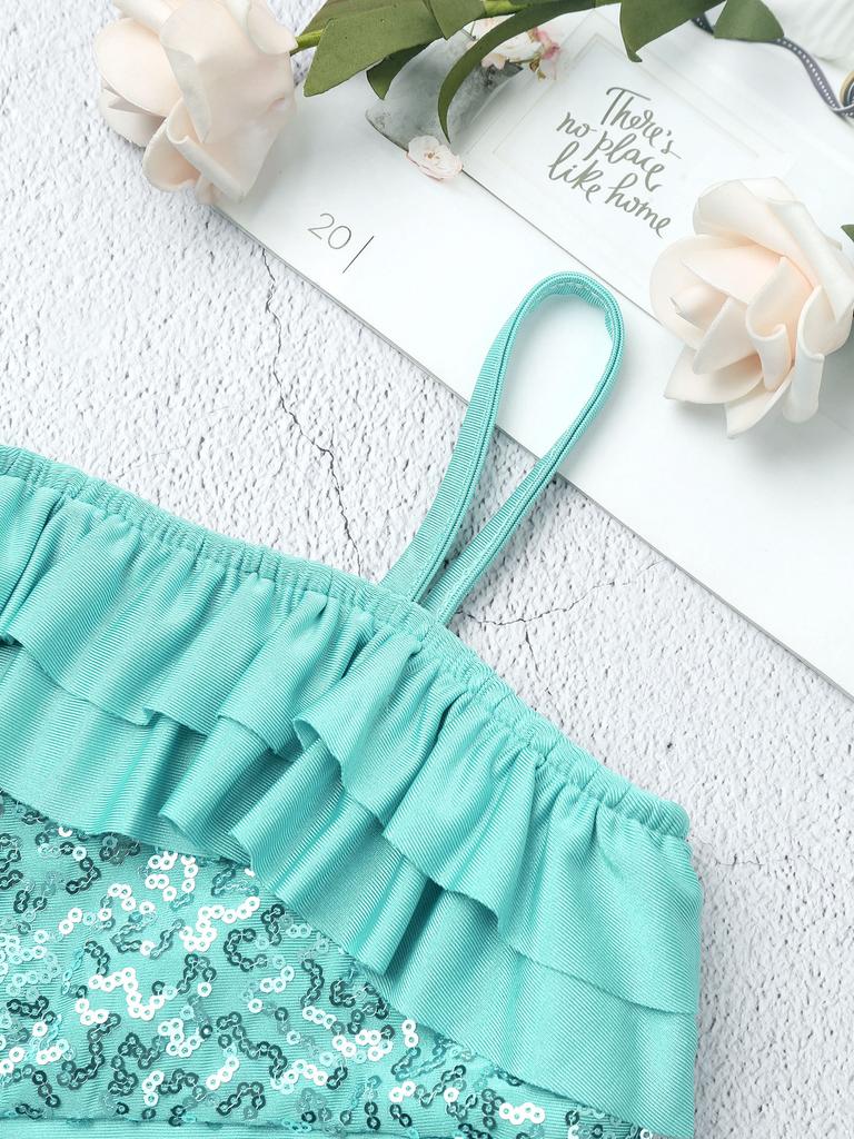 Copii Fete Dans Crop Top Curele de umăr asimetrice Fără mâneci Paiete Topuri cu volane Balet Jazz Dans Scenă