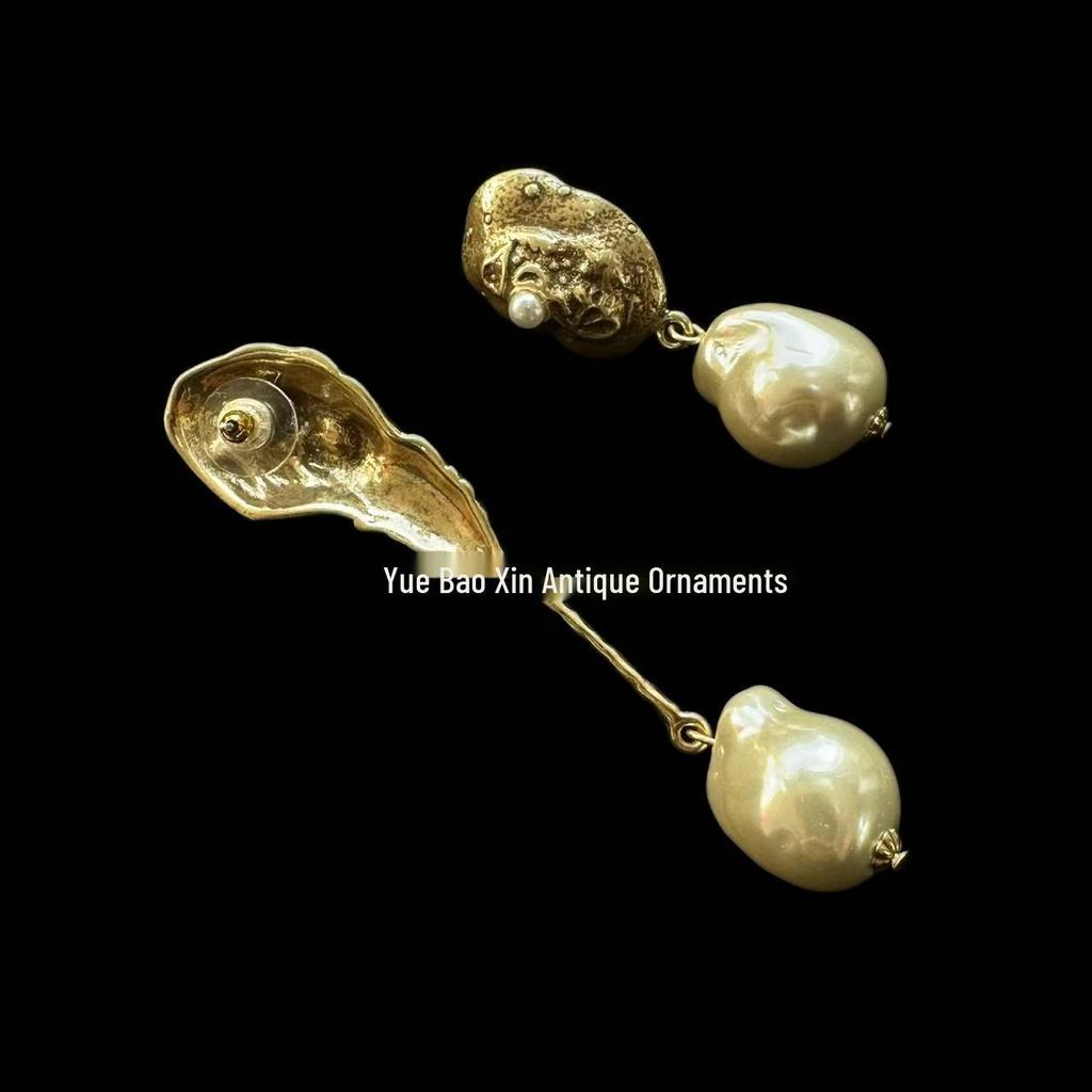 European Retro Baroque Glass Pearl Earrings with Asymmetrical Gold & Silver Studs