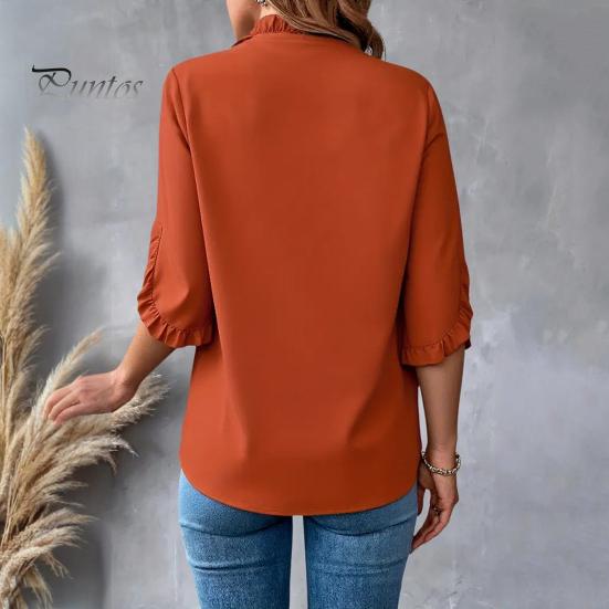 Damen T-Shirt V-Ausschnitt Rüschenbesatz Patchwork Blütenblattärmel Einfarbig Oberteile Lockerer Schnitt T-Shirt Lässig Büro Reisehemd