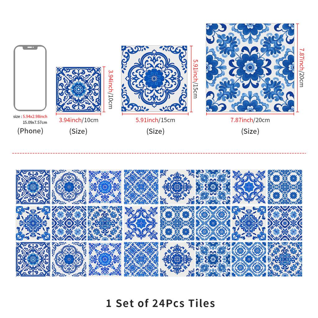European Crystal Mandala 24 Pieces Self-Adhesive Wall Sticker, Waterproof Kitchen Bedroom Tile Sticker Pvc Wallpaper
