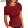 BITCED Women's Short Sleeve Stretch O-Neck Ribbed T-Shirt Fitted Casual Basic Top