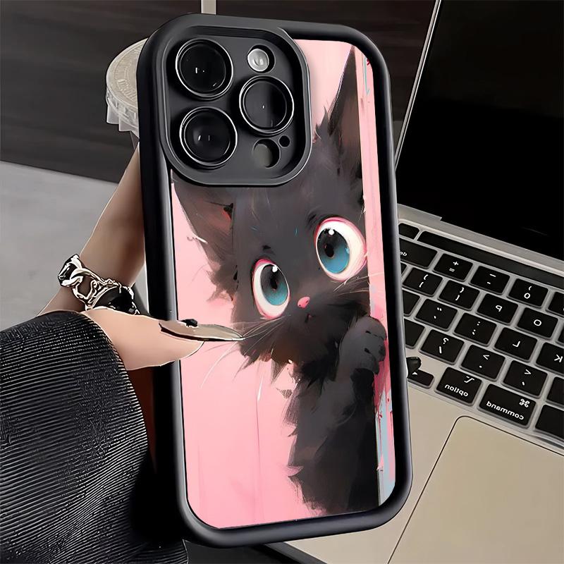 Phone Case for iPhone 17 Air 16E 15 16 Pro Max Black Cat Cartoon Cute Cover 14 Plus 13 12 Mini Soft Shell Silicone Fundas