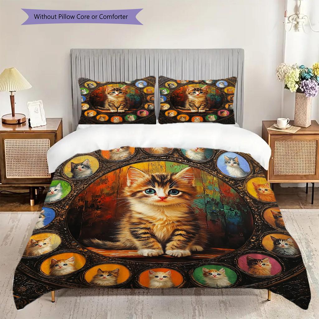 Tabby Cat Pattern Bedding Quilt Set Quilt Cover Pillowcase Home Decoration Birthday Gift (1 * duvet cover + 2 * pillowcase, without core)