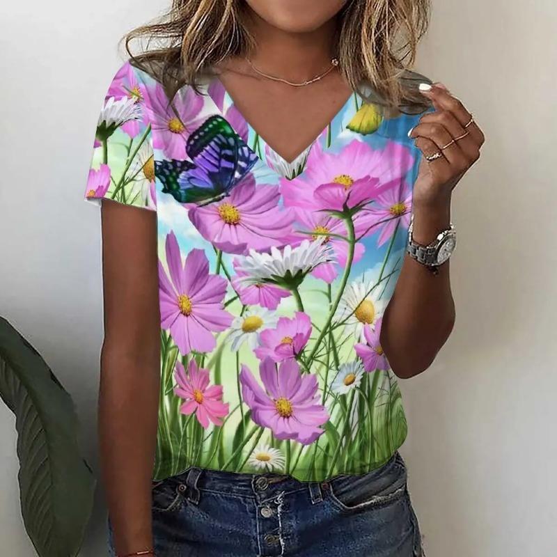 Fashion Sunflower Floral 3D Print T Shirt Summer Women V-Neck T-shirts Harajuku Streetwear Y2k Tees Top Woman Clothing Shirt