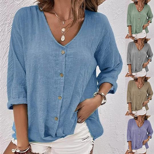 Women's V Neck Three Quarter Sleeve Blouse Loose Fit Elegant Commuter Solid Button Down Spring Casual Shirt Top
