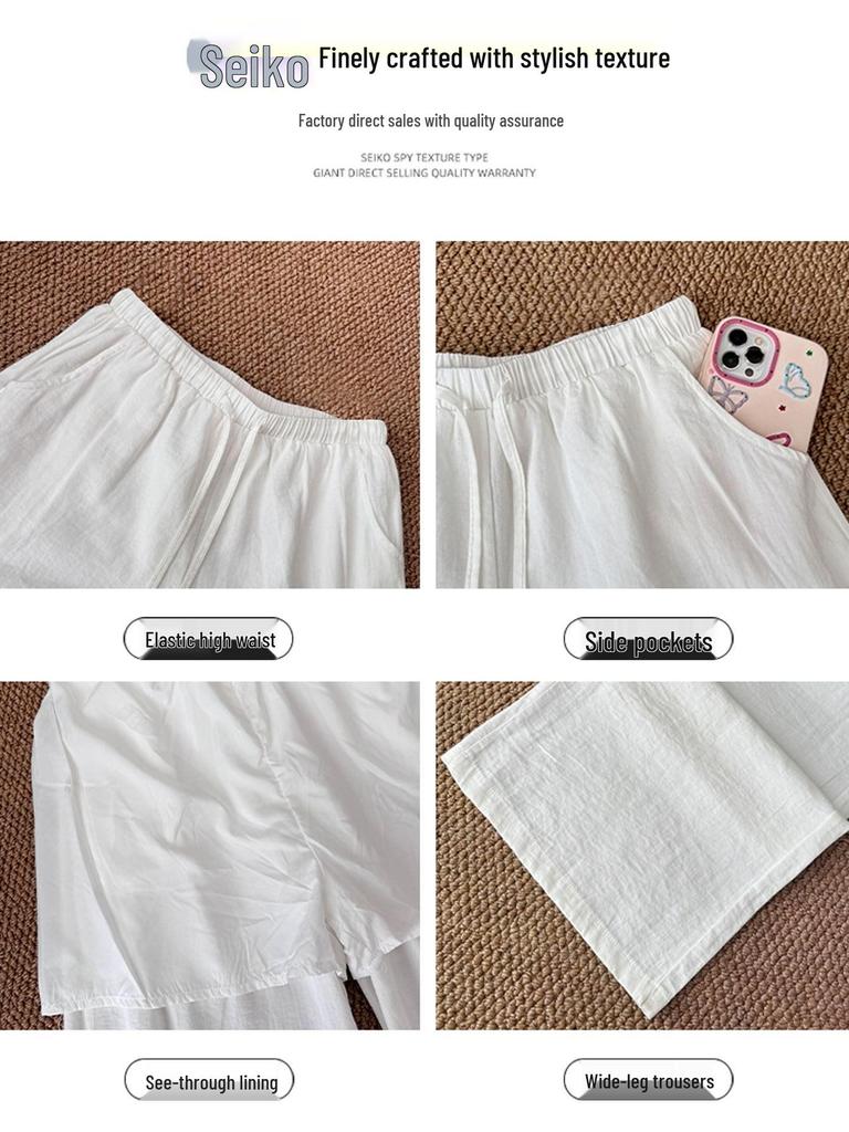 Women's White Linen High-Waisted Wide-Leg Pants - Spring Style, Drapey, Sun Protection, Cotton-Blend Casuals