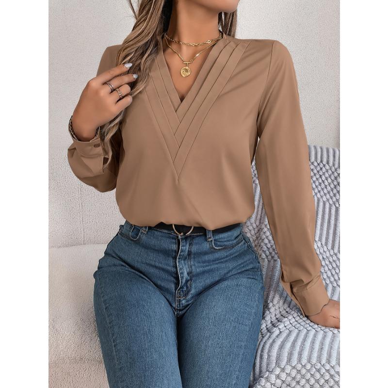 Elegant Fashion Layered V-neck Long Sleeved Women Shirt Solid Color Loose Casual Simple Office Blouse Ladies Basic Spring Autumn Tops Women's Clothing