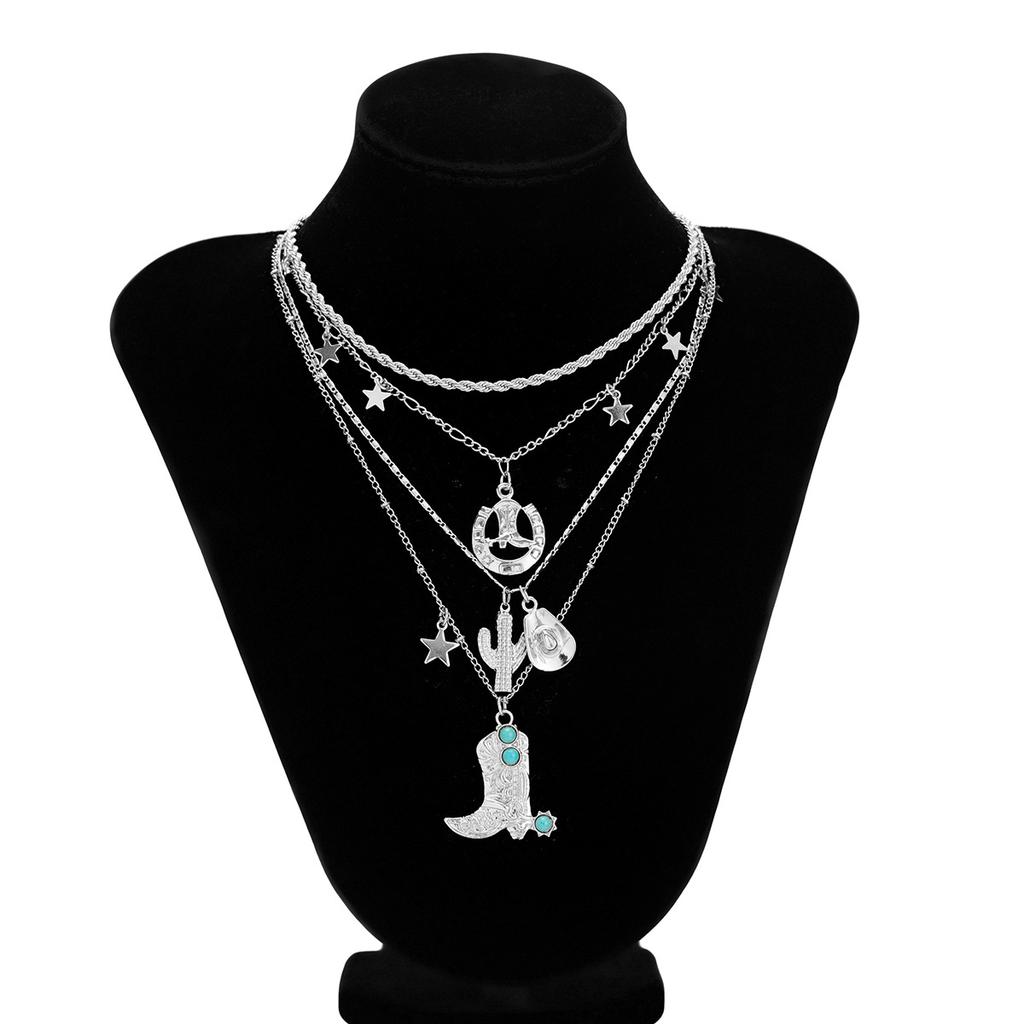 Western Cowboy Love Flower Disc Metal Necklace Vintage Stacked Turquoise Star Pendant Necklace