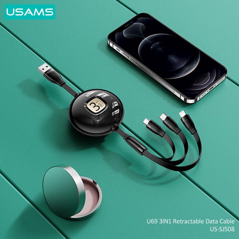 USAMS 1M 3 In 1 USB Charge Cable for iPhone Micro USB Type CData Cable Retractable Design Phone Usb Cables Phone Accessories