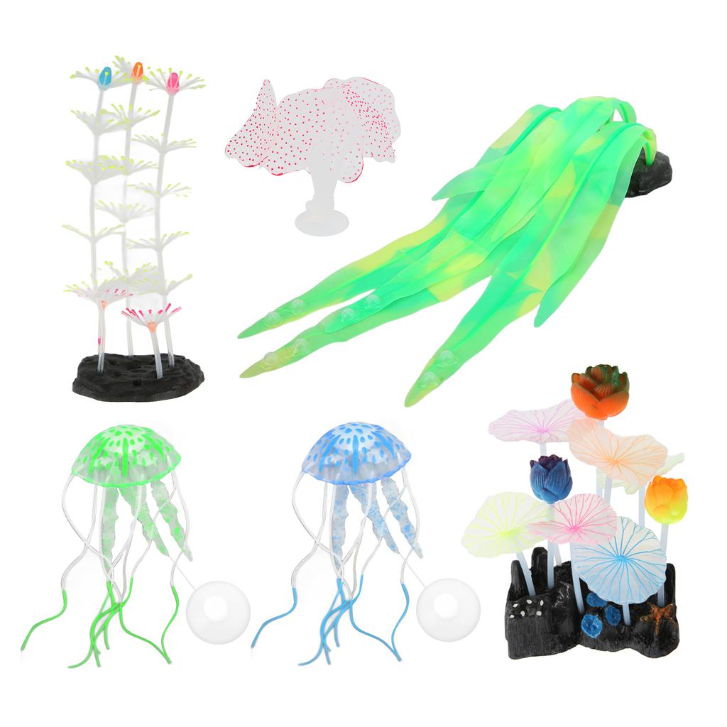 6 Stück Leuchtende Aquariumdekorationen Simulation Silikon Seetang Silberner Lotus Lotusblatt Feder Koralle Quallen Ornamente