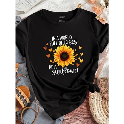 Europäische Größe Damen 2023 Neuankunft Kleine Version Sonnenblumen-Print Kurzarm Freizeit Rundhals T-Shirt