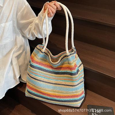 Woven Rainbow Striped Handbag Women's 2025 Spring and Summer Fashion Niche Single Shoulder Casual Simple Tote Bag