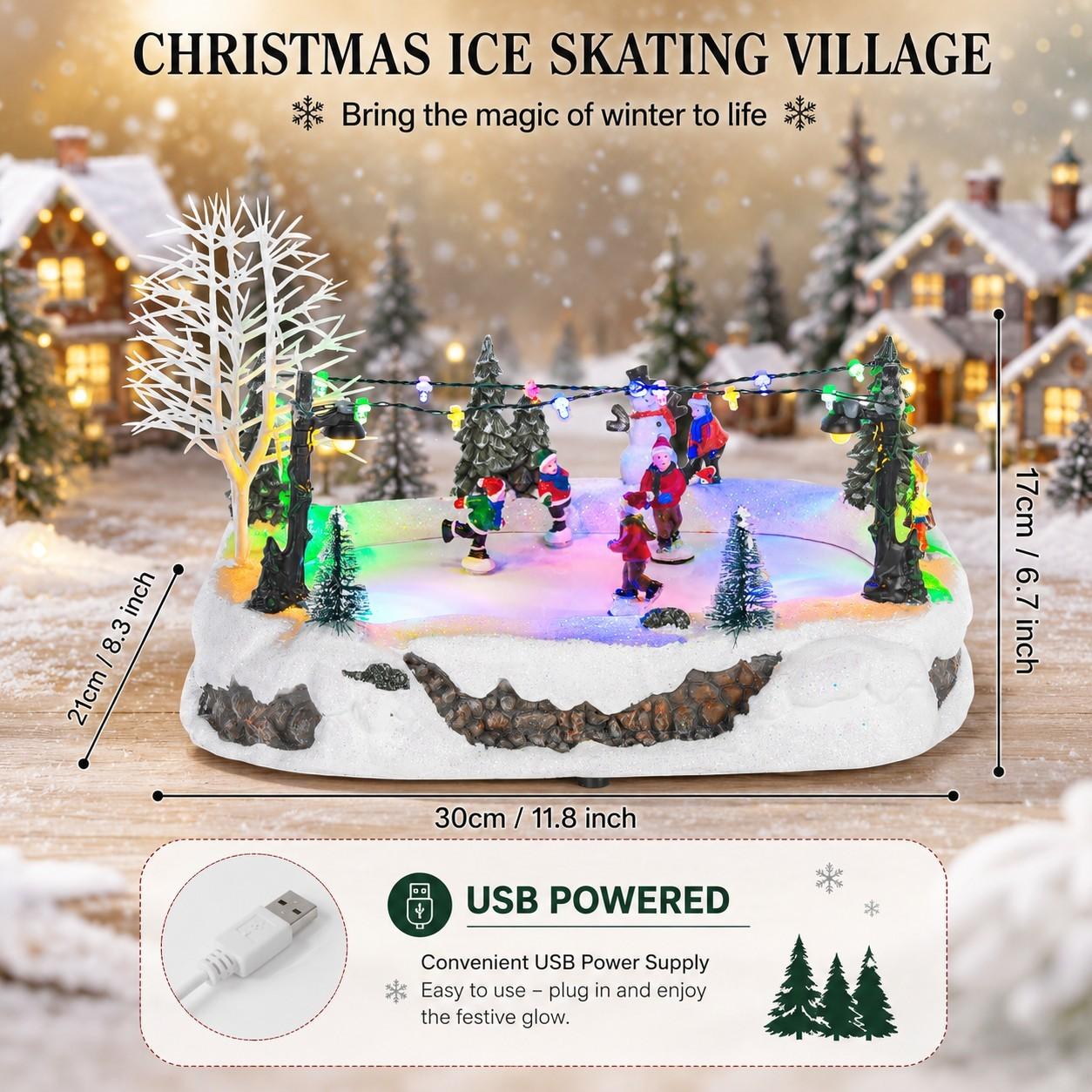 Verlicht Kerstdorp Decor Schaatsbaan Figurine USB-Powered Winterdorp Scène Tafelblad Vakantie Verzamelobject Decor