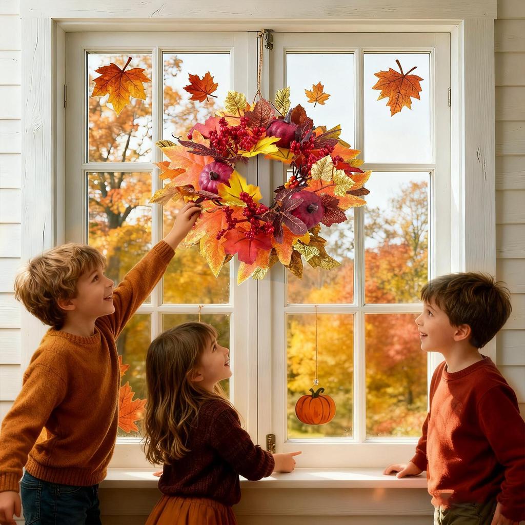 Fall Candle Ring Wreaths Pillar Candle Ring Decorations Harvest Maple Leaves Pumpkins Berries Garland for Fall Thanksgiving