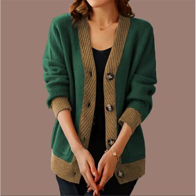 Tooxika Otoño e Invierno Nuevo Cárdigan de Punto de Manga Larga con Cuello en V para Mujer Chaqueta Suéter de Color de Contraste Retro