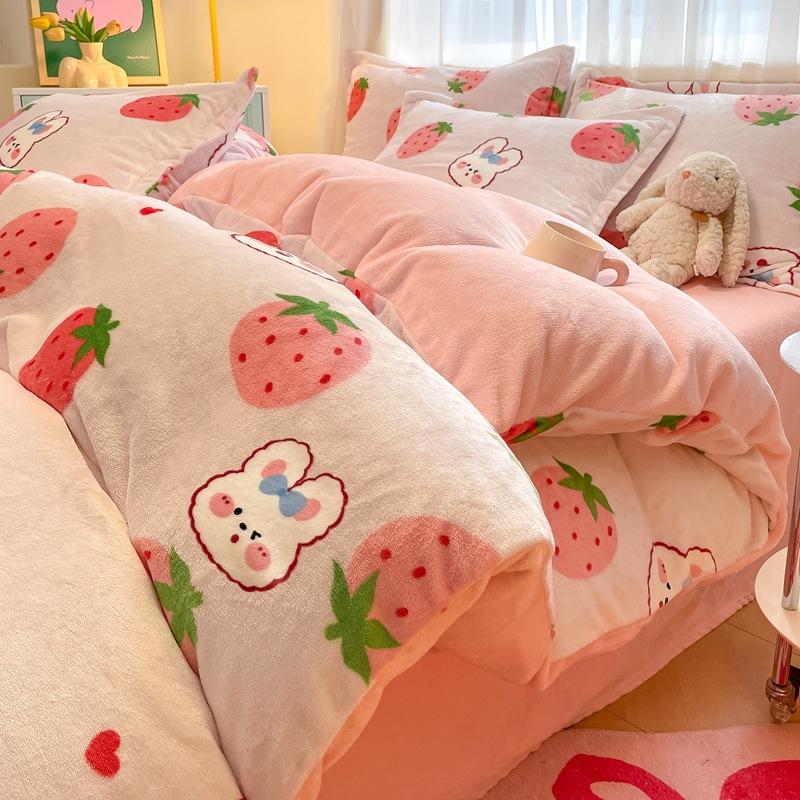 Thickened Milk Fleece Four-Piece Set, Coral Flannel Quilt Cover, Double-Sided Fleece Bed Sheet Quilt Cover, Bed Hat Three-Piece Set