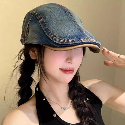 Women's Retro Washed Denim Duckbill Flat Cap with PU, Versatile Face Slimming Design, Spring-Autumn Backwards Beret.
