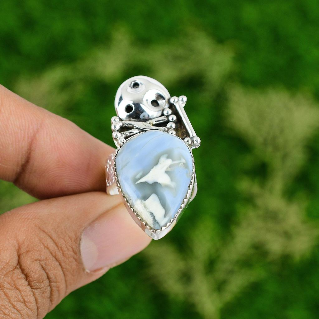 Natural Owyhee Blue Opal Skull And Bone Adjustable Ring 925 Silver For Women