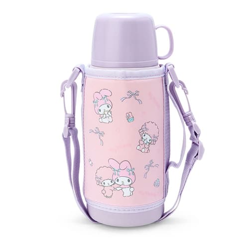 Sanrio Children's Water Bottle, Approx. 620ml (with Cup and Inner Cap), Approx. 670ml (with Cap Unit), 2-Way Stainless Steel Bottle with Pouch, My Mel