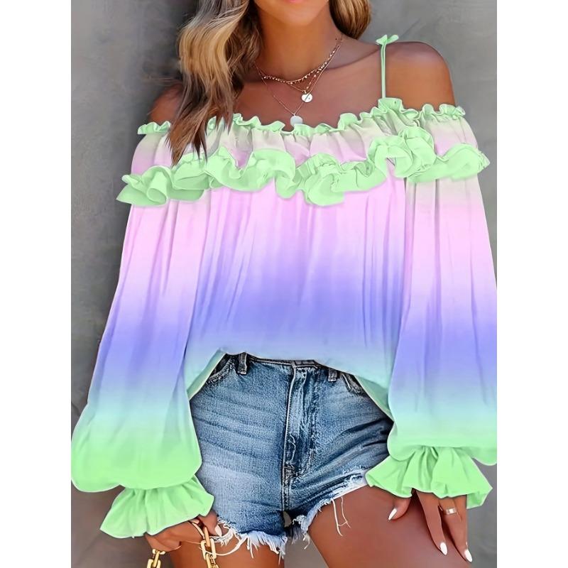 

YYFS Женские модные повседневные весенне-осенние блузки и рубашки с длинным рукавом и принтом колор-блок на одно плечо XXL синий