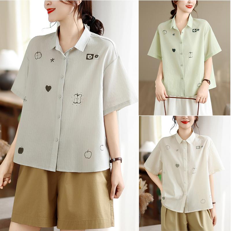 DIMANAF 2026 Women Plus Size New Summer Blouse Shirt Short Sleeve Print Floral Casual Loose Cotton Lady Tops Shirts